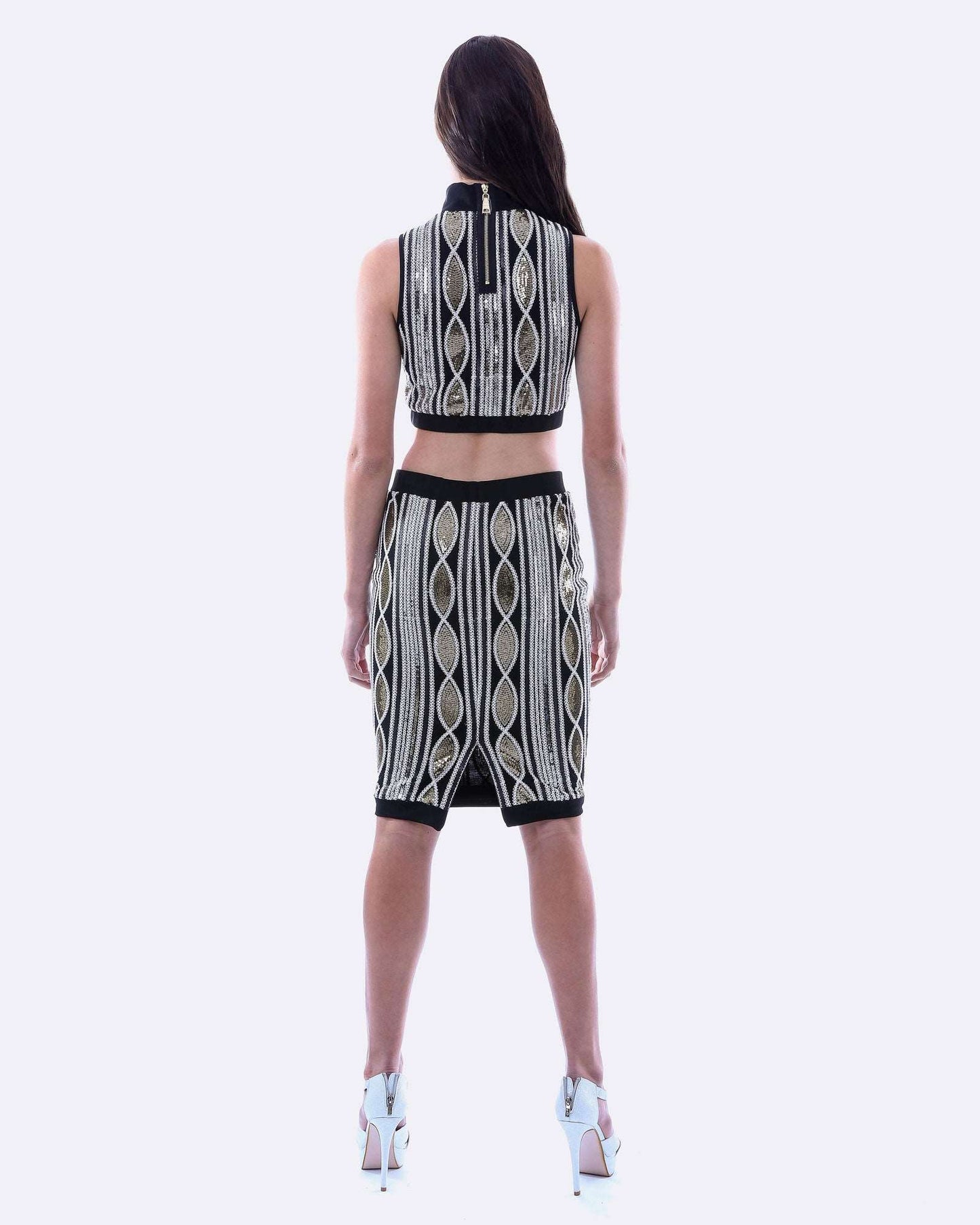 Women's Black, White & Gold Geometric Two-Piece Lace Mesh Top & Skirt Set - Lovez Aqua© - 