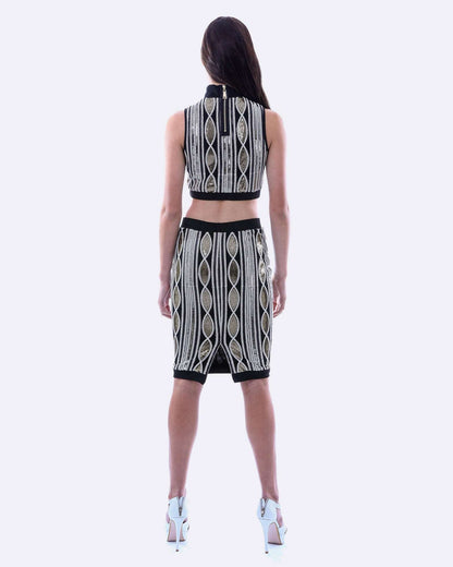 Women's Black, White & Gold Geometric Two-Piece Lace Mesh Top & Skirt Set - Lovez Aqua© - 