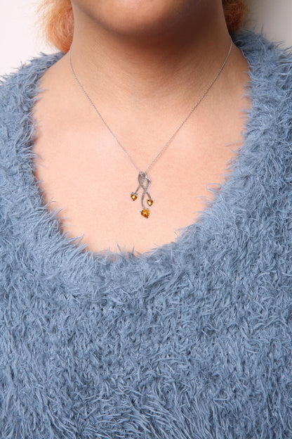 925 Sterling Silver 3-Stone Heart Citrine & Diamond Spiral Drop 18" Necklace