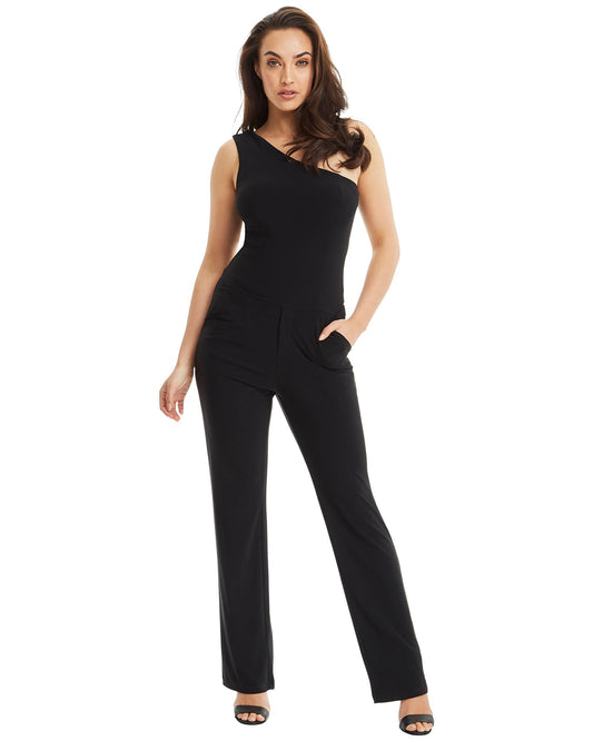 Women's Sleek Black Jersey One Shoulder Pantsuit - Lovez Aqua© - 