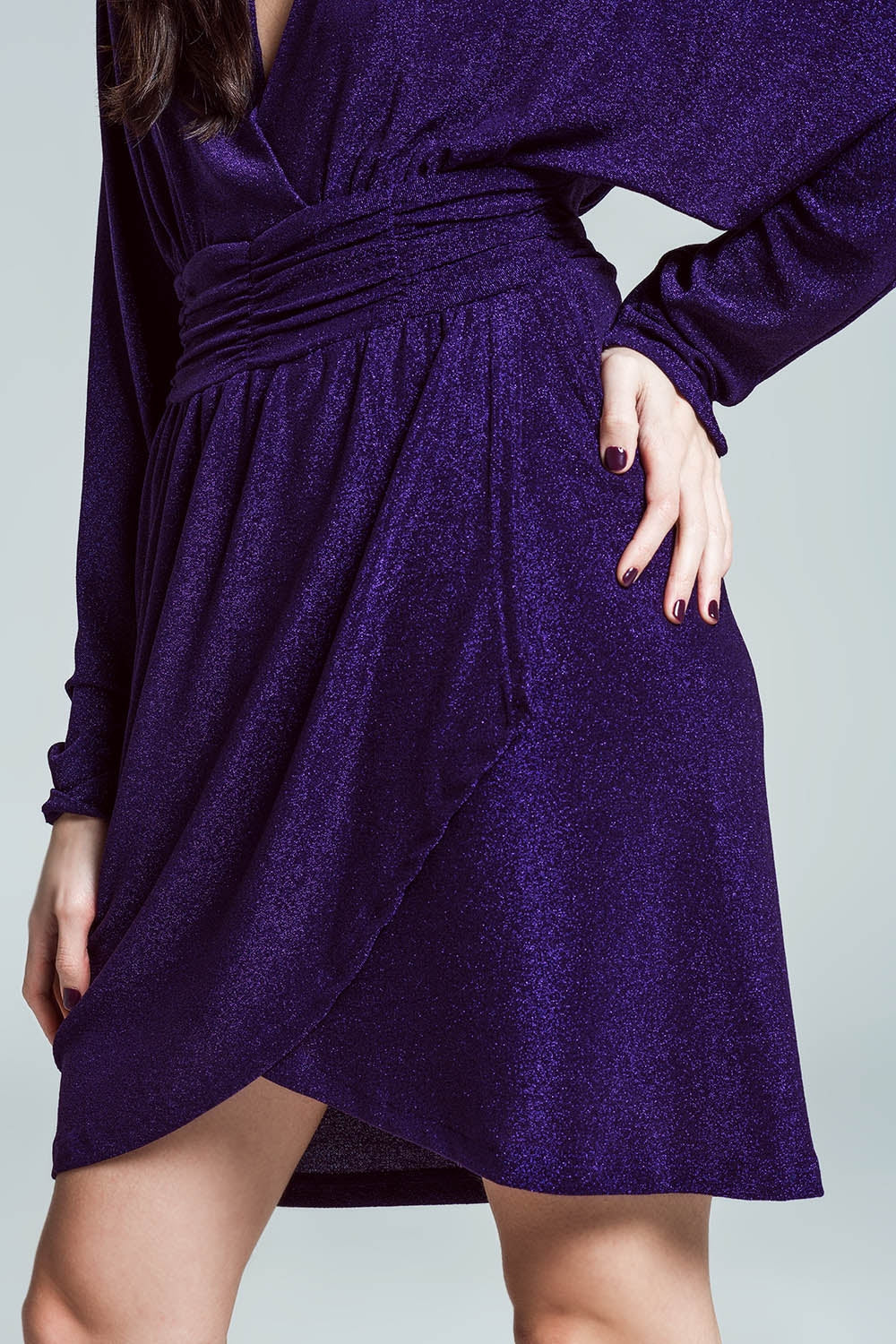Women's Mini Length Deep Purple Glitter Party Dress with Low V-Neck - Lovez Aqua© - 
