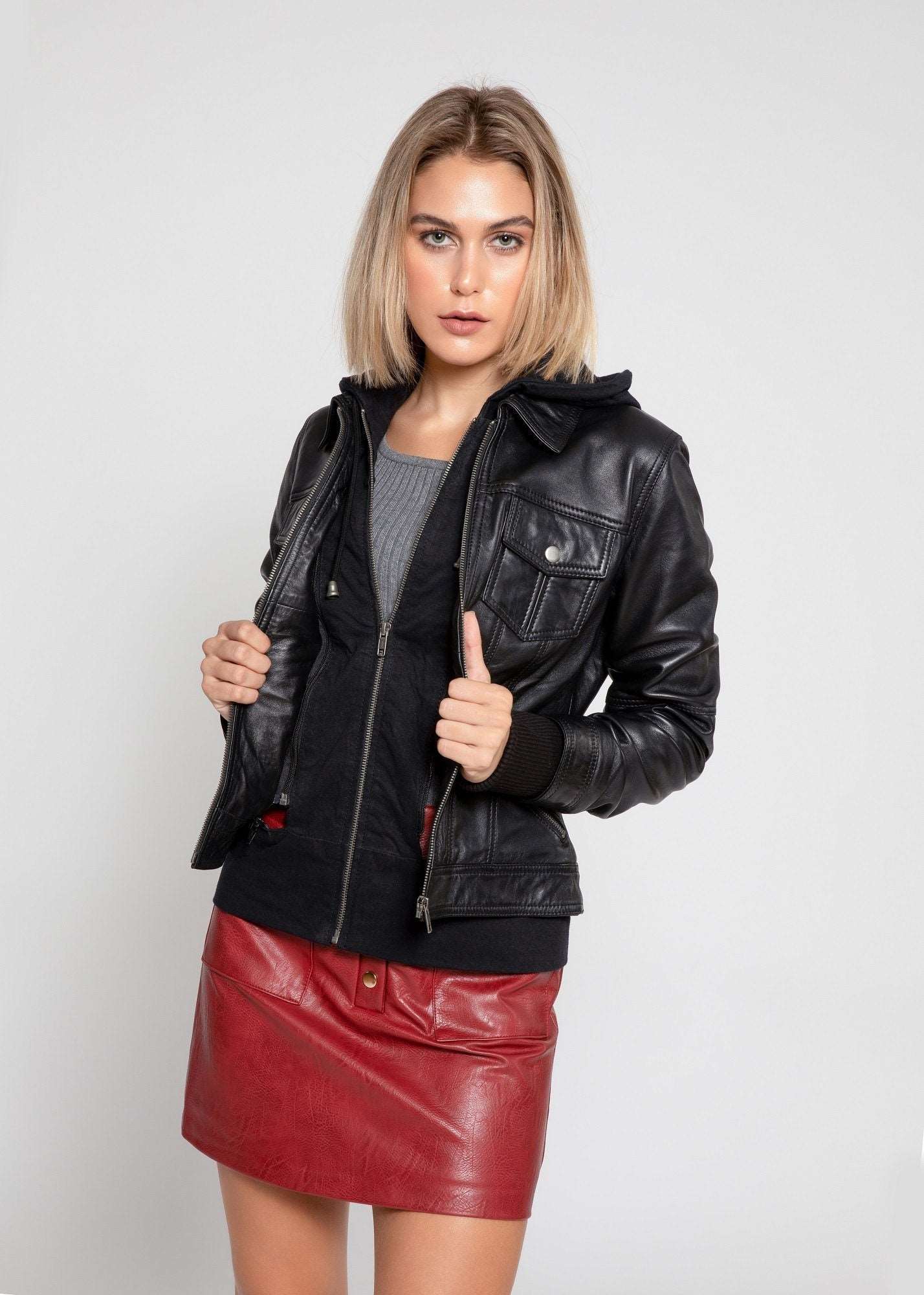 Women's Genuine Lambskin Leather Jacket with Fleece Hoodie & Pockets - Lovez Aqua© - 