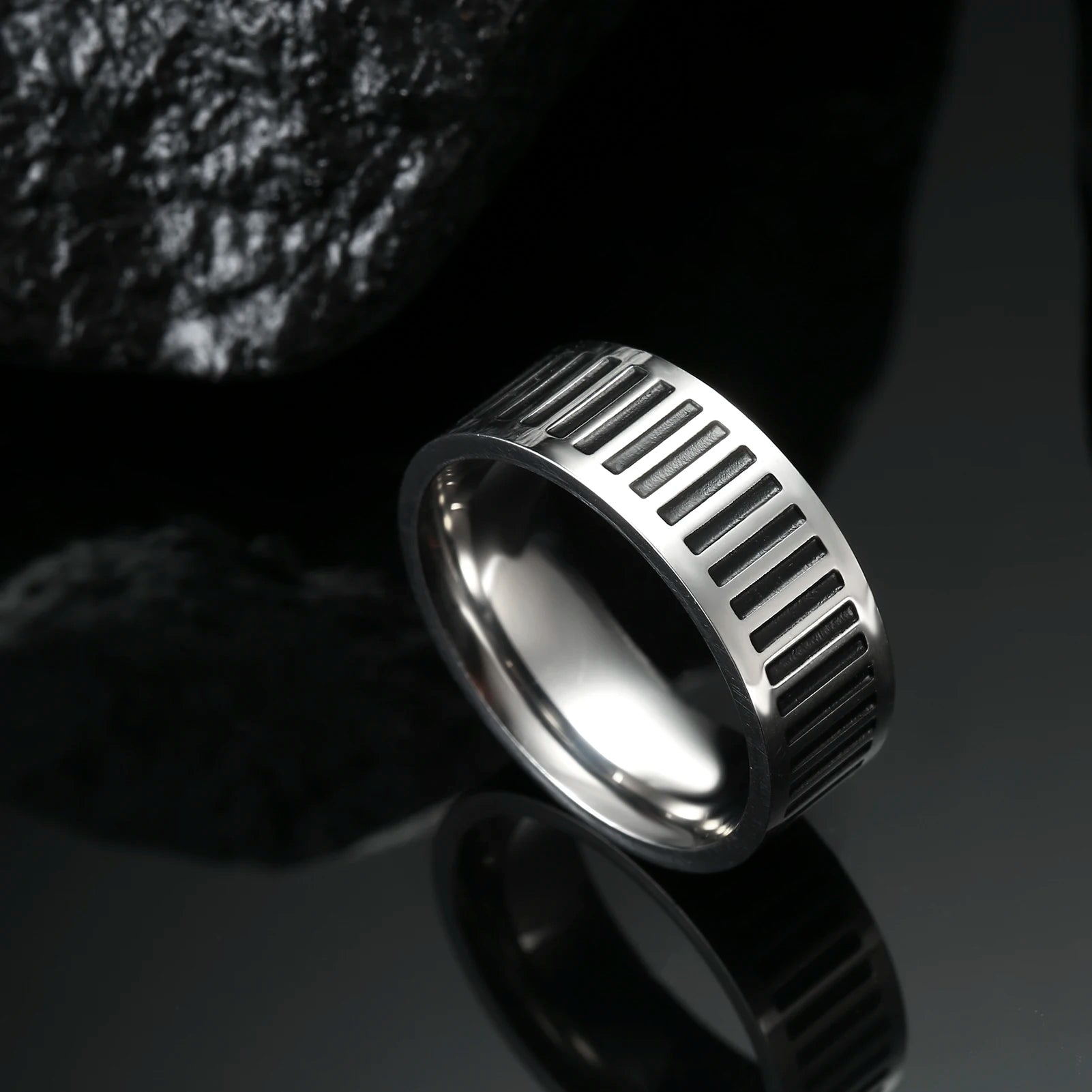 Men's Geometric Engraved Pattern Thick Stainless Steel Band Ring - Lovez Aqua© - 