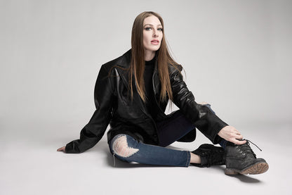 Women's Genuine Lambskin Leather Jacket with Fleece Hoodie & Pockets - Lovez Aqua© - 