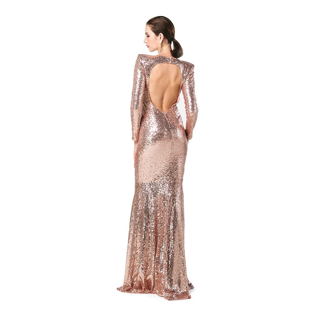 Women's Gold Sequined Long Sleeve Floor Length Ball Gown - Lovez Aqua© - 