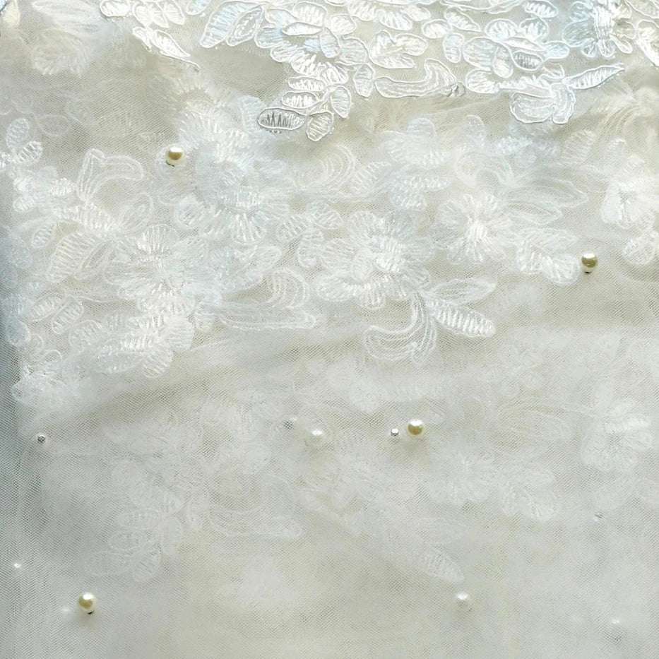 White Faux Pearl Beaded Cathedral Length Laced Edge Long Bridal Wedding Veil - Lovez Aqua© - Ivory / 300cm