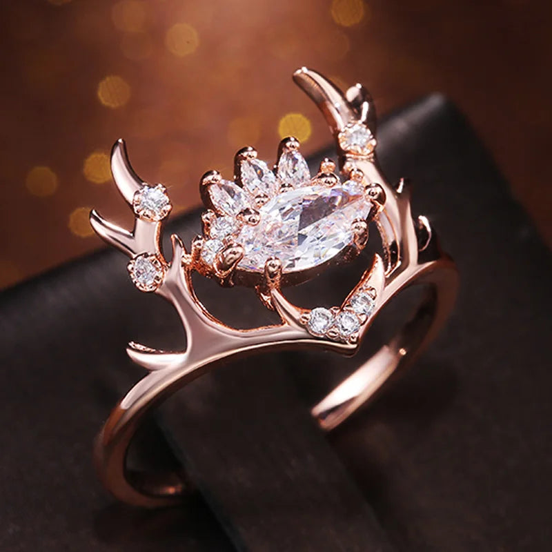 Delicate Gold Elk Antlers & Cubic Zirconia Crown Women's Ring - Lovez Aqua© - 
