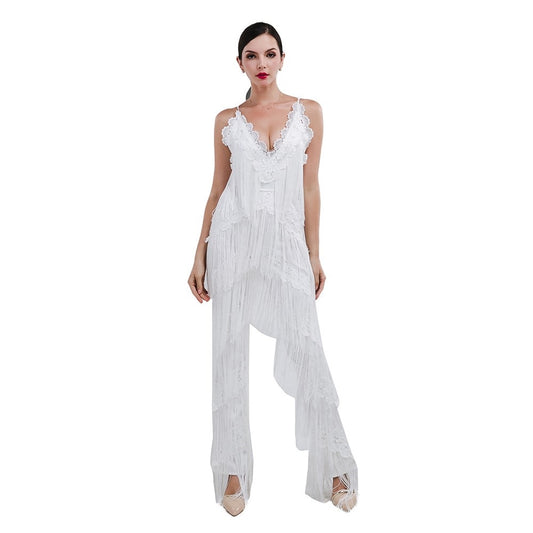 Women's White Tassel Loose Fit Flared Jumpsuit - Lovez Aqua© - 