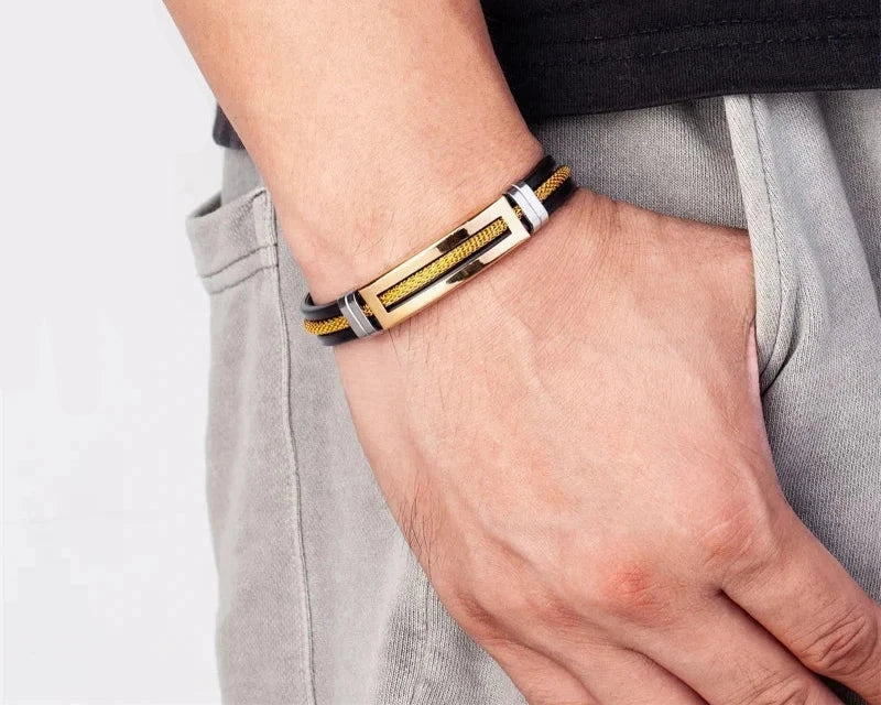Men's Modern Golden Chain Stainless Steel Geometric Rectangle Bracelet - Lovez Aqua© - 