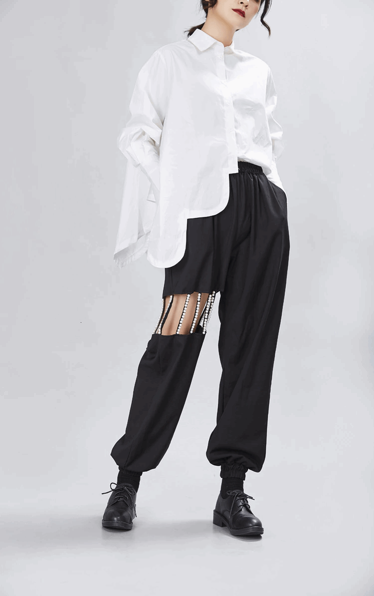 Women's Modern Layered Oversized Button-Down Shirt with Lapels & Irregular Hem - marigoldshadows - 