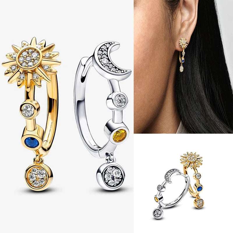 Pandora 925 Sterling Silver Two-Tone Moon, Stars & Sun Women's Earrings - Pandora - 