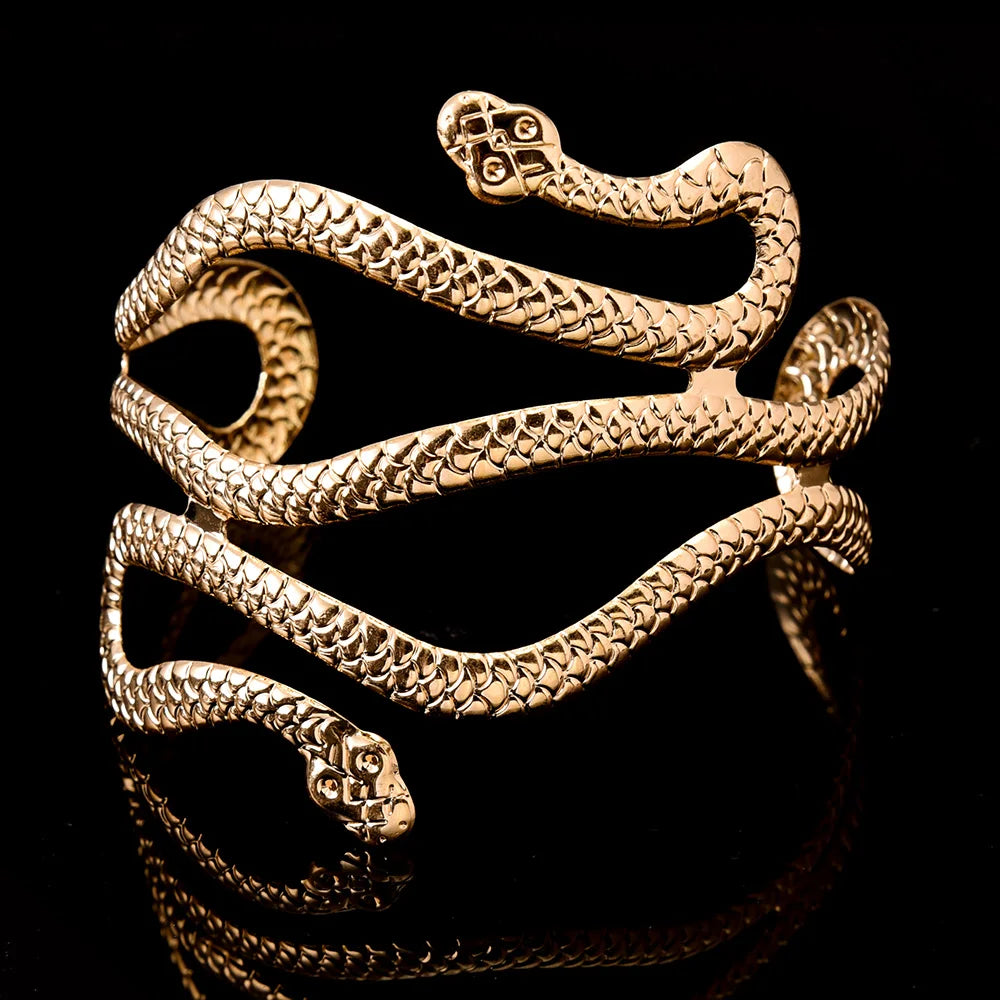 Cleopatra-Inspired Snake Bangle with Open Cuff Design Egyptian Themed Jewelry - Lovez Aqua© - Gold