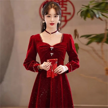 Burgundy Glitter Velvet Evening Gown with Square Neckline & Puff Sleeves - Lovez Aqua© - 