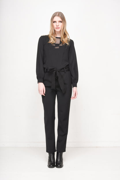 Women's Black Long-Sleeve Jumpsuit with Mesh Panels & Tie-Waist Detail - Lovez Aqua© - 