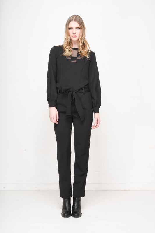 Women's Black Long-Sleeve Jumpsuit with Mesh Panels & Tie-Waist Detail - Lovez Aqua© - 