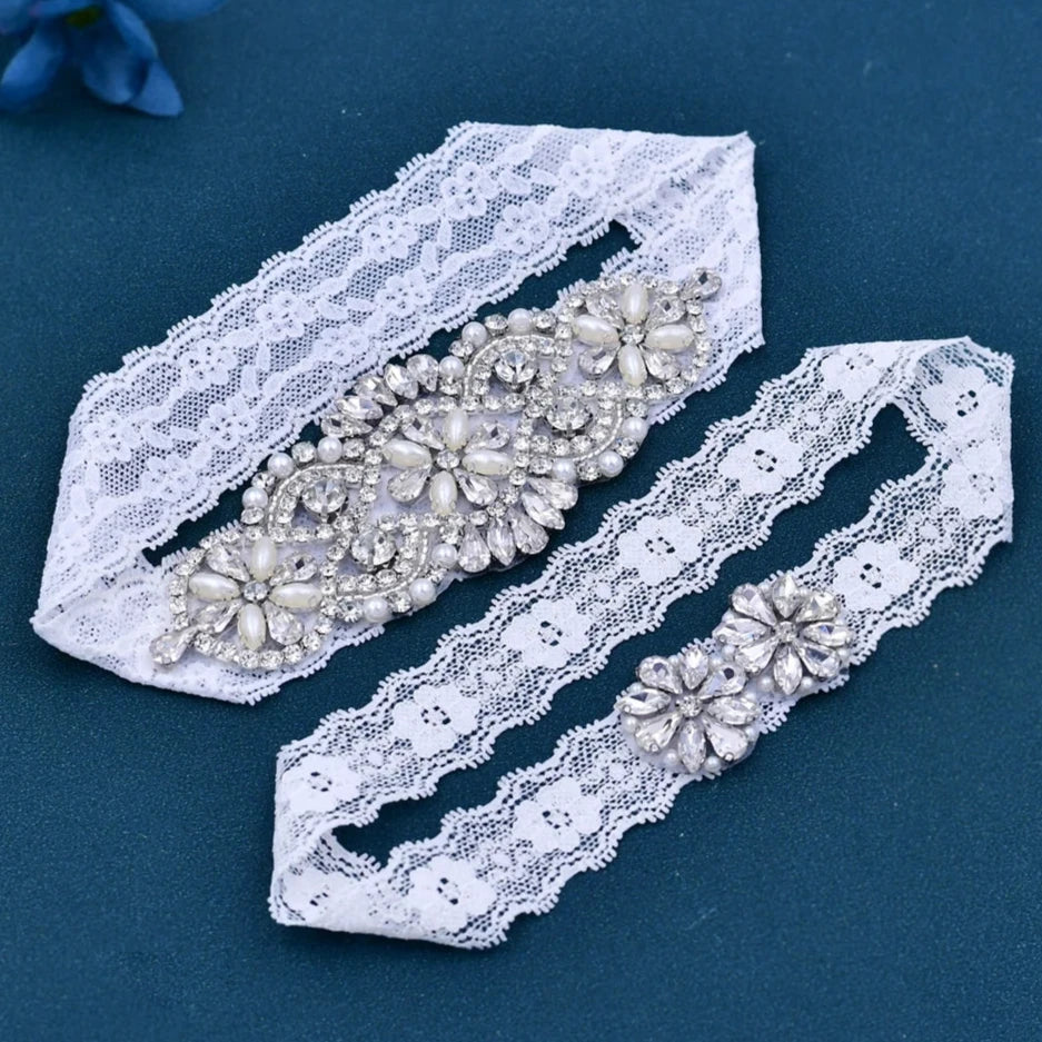 Women's Rhinestone & Pearl Embellished Floral Lace Bridal Garter Belt - Lovez Aqua© - 
