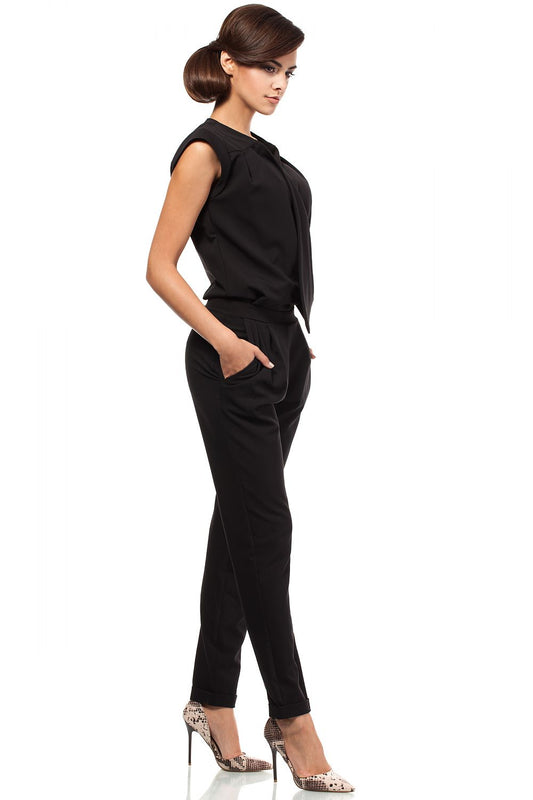 Women's Black Jumpsuit with Draped Neckline & Tapered Legs - Lovez Aqua© - 