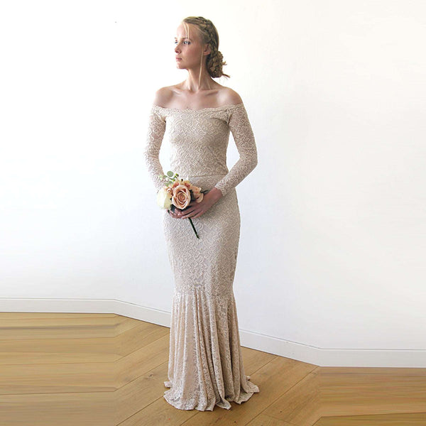 Champagne Mermaid Off-Shoulders Floral Lace Wedding Dress with Long Sleeves - Lovez Aqua© - 