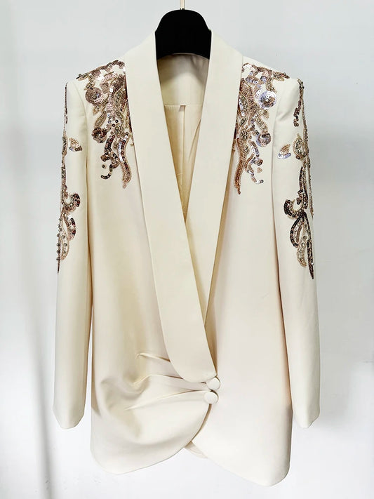 Designer Women's Beige Sequined Draped Shawl Wrap Blazer Dress - Lovez Aqua© - S