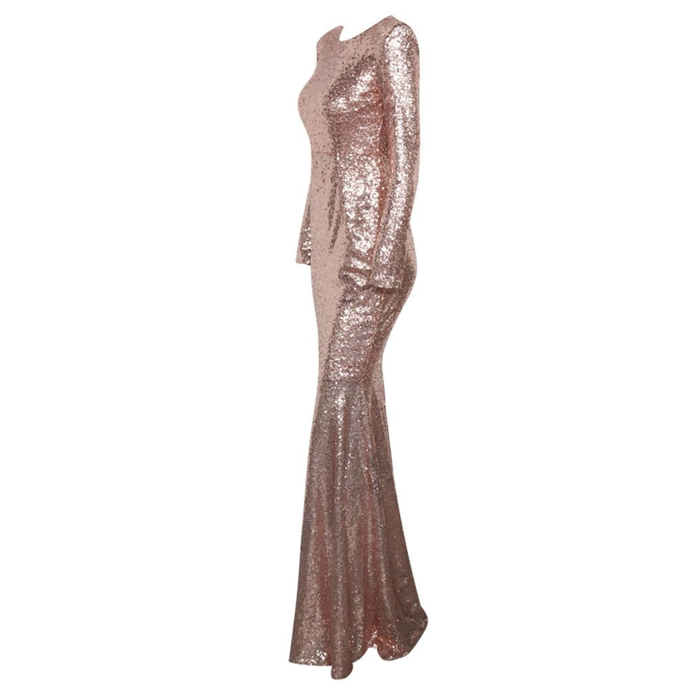 Women's Gold Sequined Long Sleeve Floor Length Ball Gown - Lovez Aqua© - 