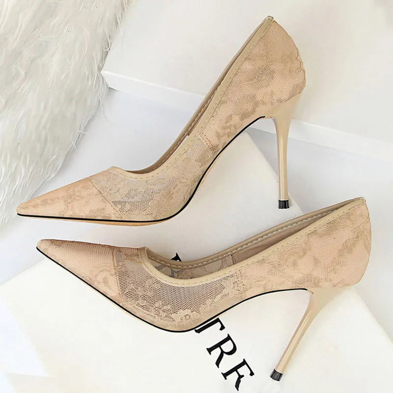 Women's Delicate Mesh Hollow Floral Lace Thin Stiletto High Heels - Lovez Aqua© - Khaki / 34