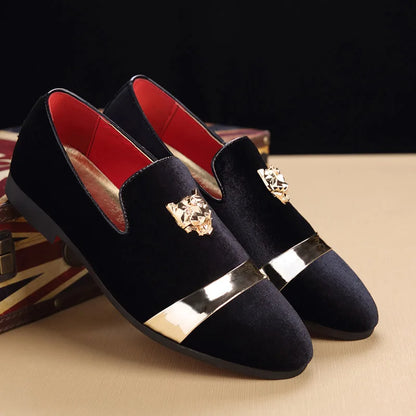 Men's Gold Trimmed Slip-On Loafer Dress Shoes with Gold Tiger Emblem - Lovez Aqua© - 