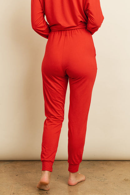 Women's Casual Solid Color Brushed Top & Jogger Bottom Set with Self Tie - Lovez Aqua© - 