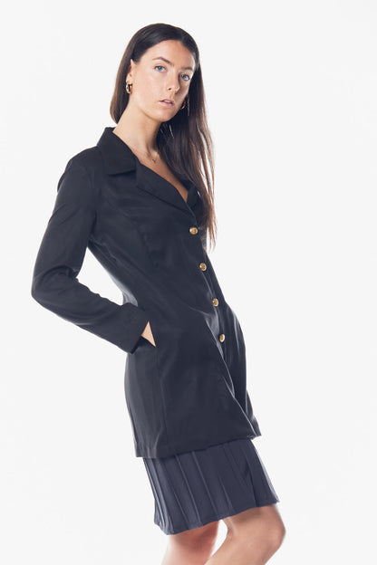 Women's Outdoor Black Linen Long Shirt Jacket with Gold Buttons - Lovez Aqua© - 