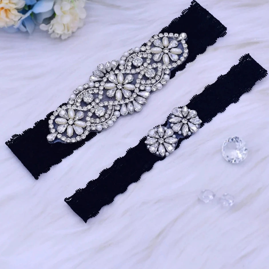 Women's Rhinestone & Pearl Embellished Floral Lace Bridal Garter Belt - Lovez Aqua© - 4
