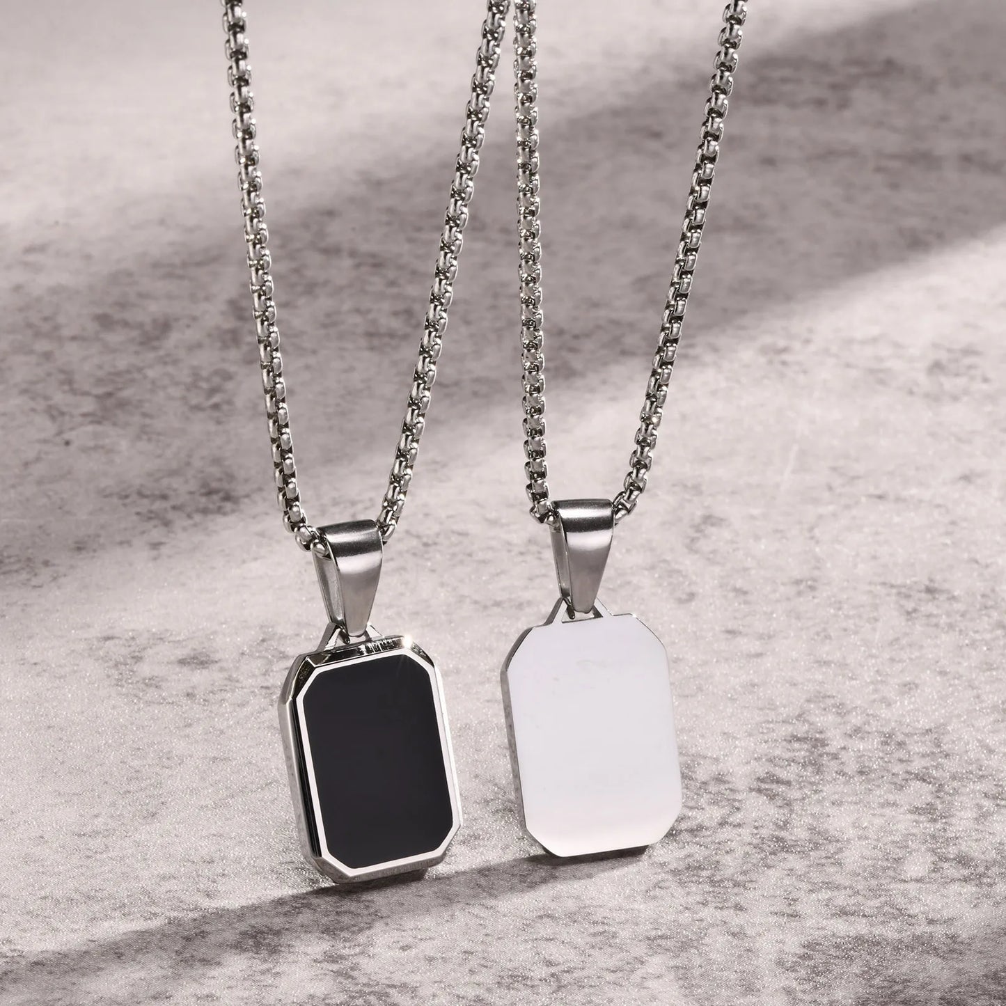 Men's Modern Geometric Stainless Steel Black Onyx Rectangle Necklace - Lovez Aqua© - 