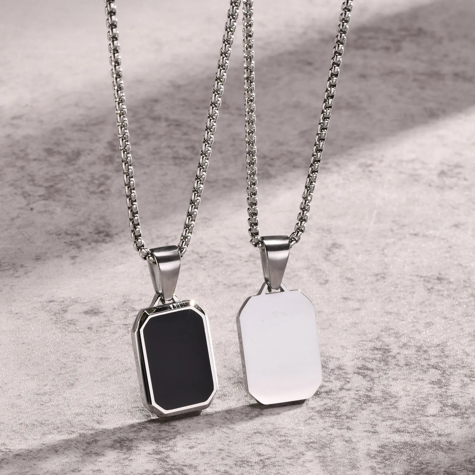 Men's Modern Geometric Stainless Steel Black Onyx Rectangle Necklace - Lovez Aqua© - 