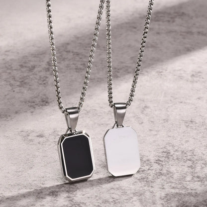 Men's Modern Geometric Stainless Steel Black Onyx Rectangle Necklace - Lovez Aqua© - 
