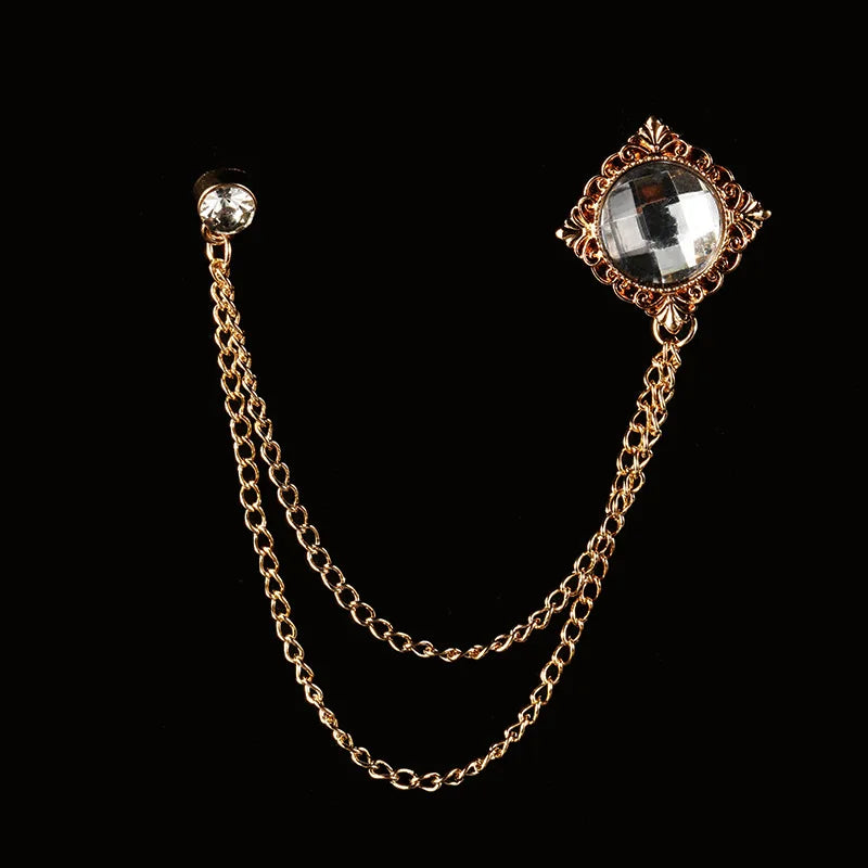 Men's Baroque Rhinestone Classic Chain Link Vintage Lapel Pin Brooch - Lovez Aqua© - Style 6