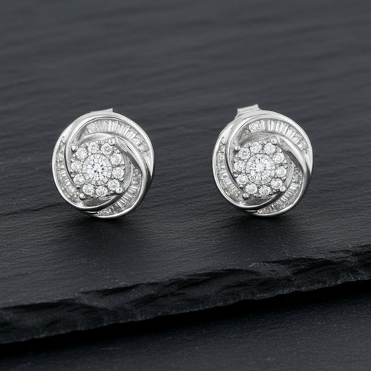 925 Sterling Silver Round & Baguette-Cut Diamond Love Knot Stud Earrings - Lovez Aqua© - 