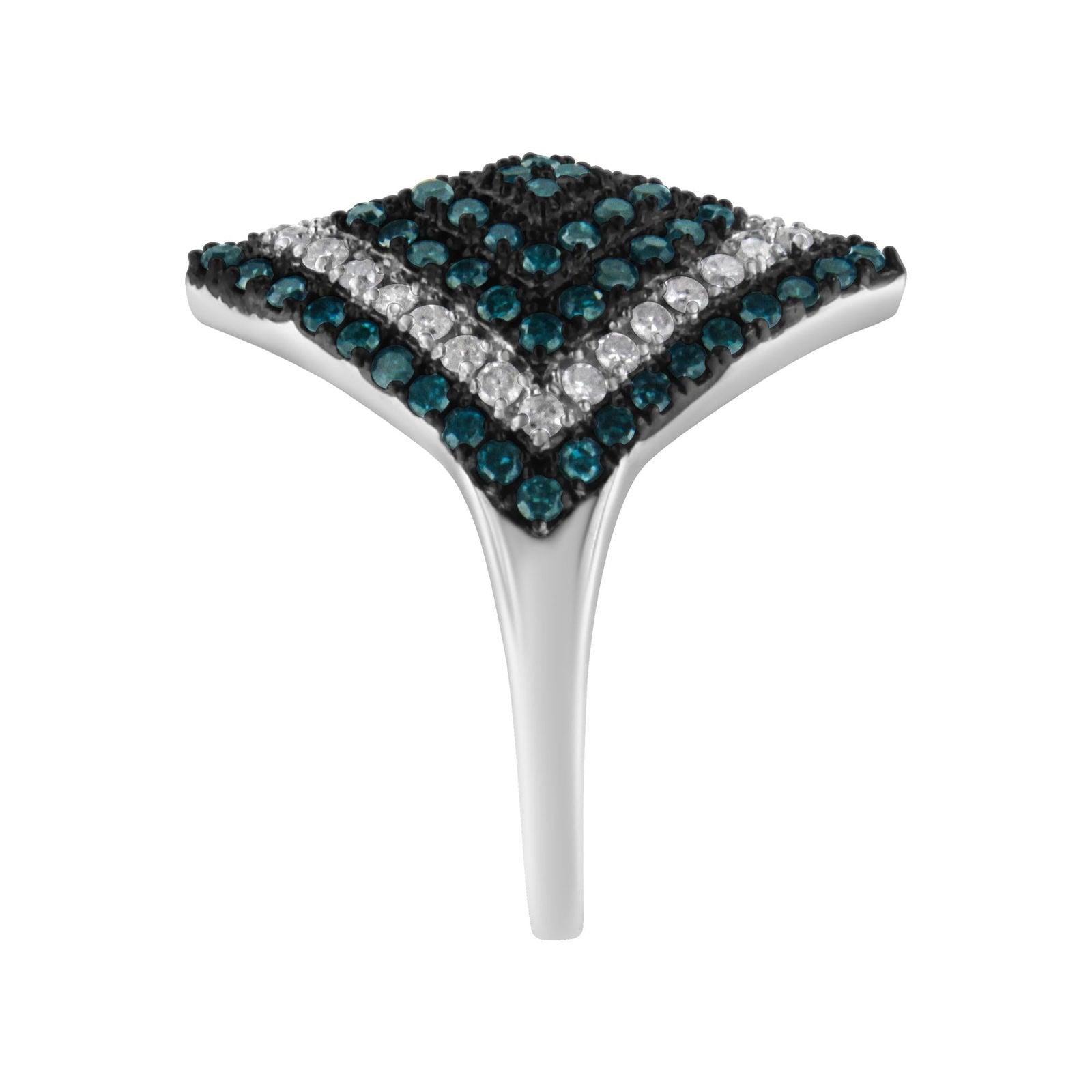 925 Sterling Silver White & Treated Turquoise Diamond Rhombus Cocktail Ring - Lovez Aqua© - 