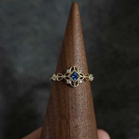 925 Sterling Silver 14K Gold Plated Women's Vintage Filigree Blue Zircon Ring - Lovez Aqua© - 