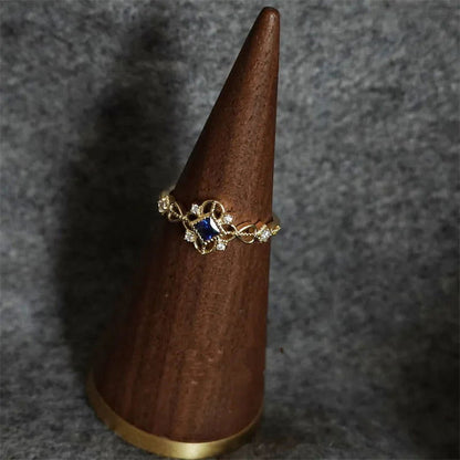 925 Sterling Silver 14K Gold Plated Women's Vintage Filigree Blue Zircon Ring - Lovez Aqua© - 
