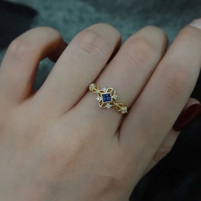 925 Sterling Silver 14K Gold Plated Women's Vintage Filigree Blue Zircon Ring - Lovez Aqua© - 