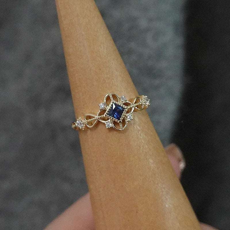 925 Sterling Silver 14K Gold Plated Women's Vintage Filigree Blue Zircon Ring - Lovez Aqua© - 