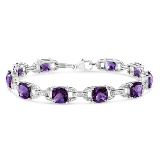925 Sterling Silver Cushion Cut Amethyst Gemstone & Diamond Tennis Link Bracelet - Lovez Aqua© - 