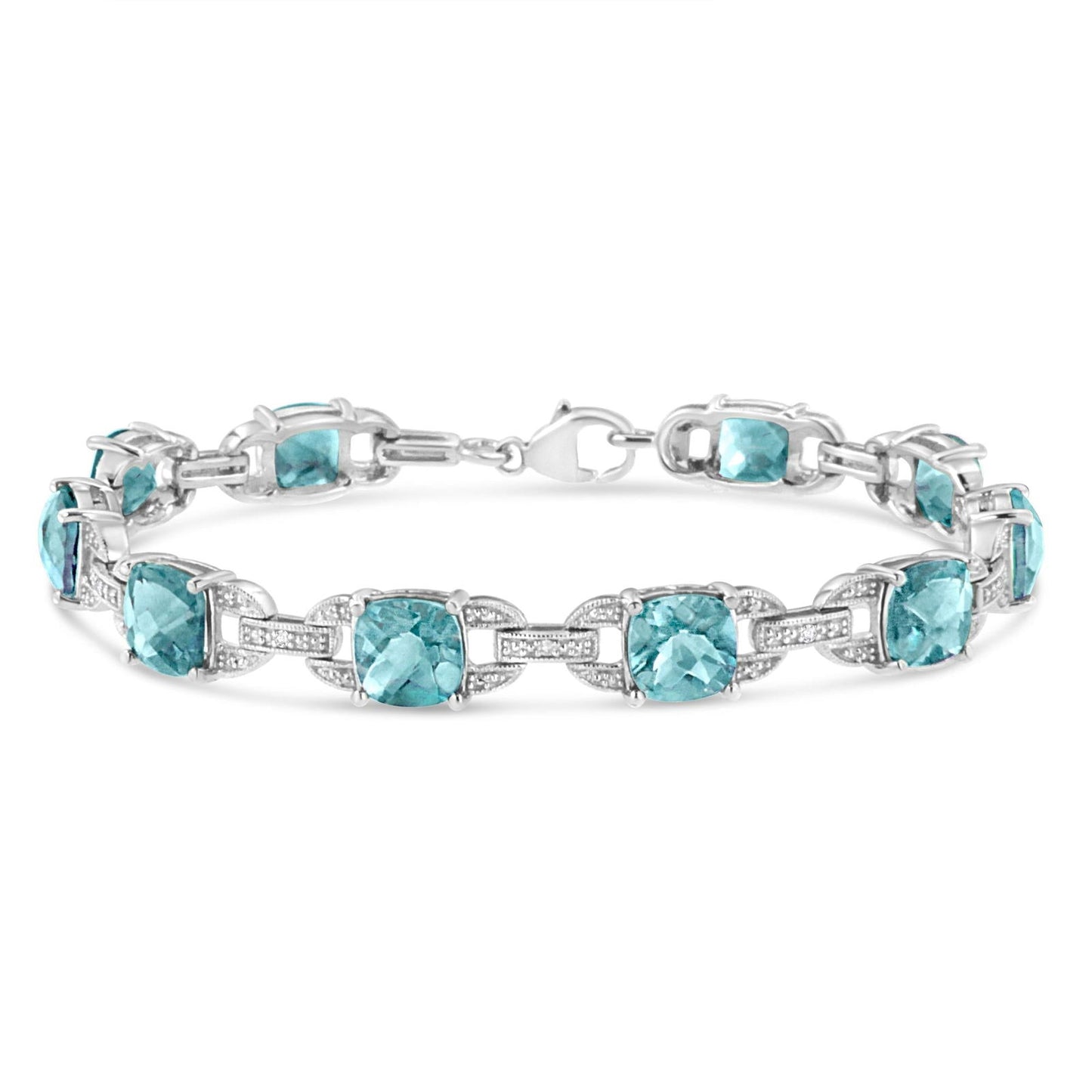 925 Sterling Silver Cushion Cut Blue Topaz & Round Cut Diamond Tennis Bracelet - Lovez Aqua© - 