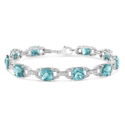 925 Sterling Silver Cushion Cut Blue Topaz & Round Cut Diamond Tennis Bracelet - Lovez Aqua© - 