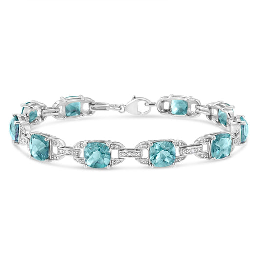 925 Sterling Silver Cushion Cut Blue Topaz & Round Cut Diamond Tennis Bracelet - Lovez Aqua© - 