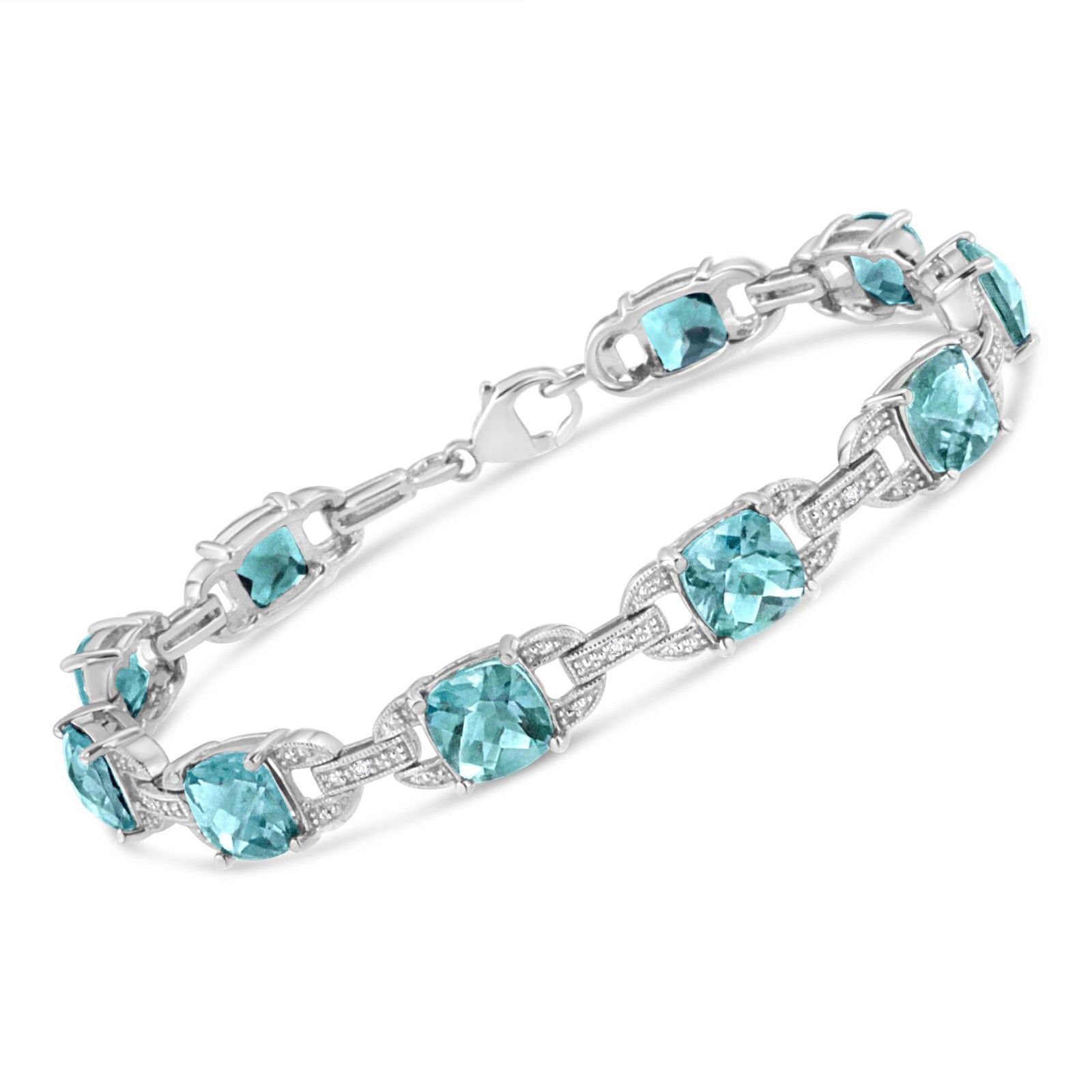 925 Sterling Silver Cushion Cut Blue Topaz & Round Cut Diamond Tennis Bracelet - Lovez Aqua© - 