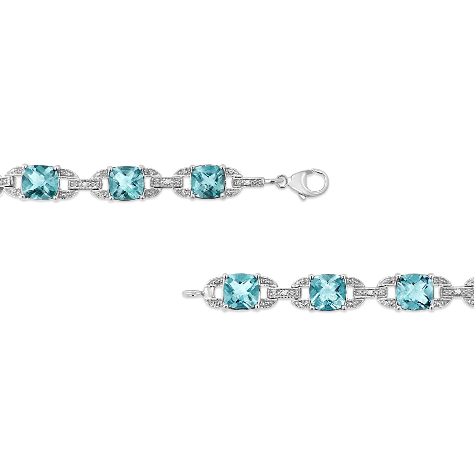 925 Sterling Silver Cushion Cut Blue Topaz & Round Cut Diamond Tennis Bracelet - Lovez Aqua© - 