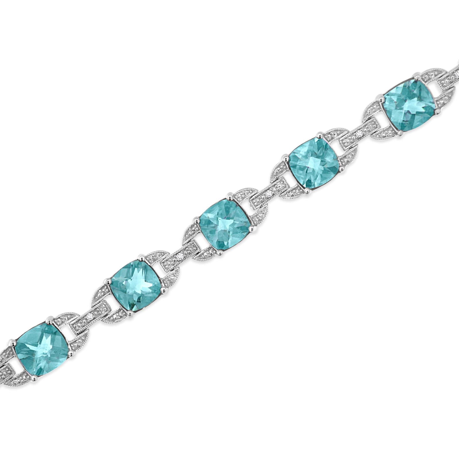 925 Sterling Silver Cushion Cut Blue Topaz & Round Cut Diamond Tennis Bracelet - Lovez Aqua© - 