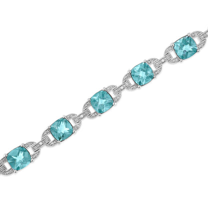 925 Sterling Silver Cushion Cut Blue Topaz & Round Cut Diamond Tennis Bracelet - Lovez Aqua© - 