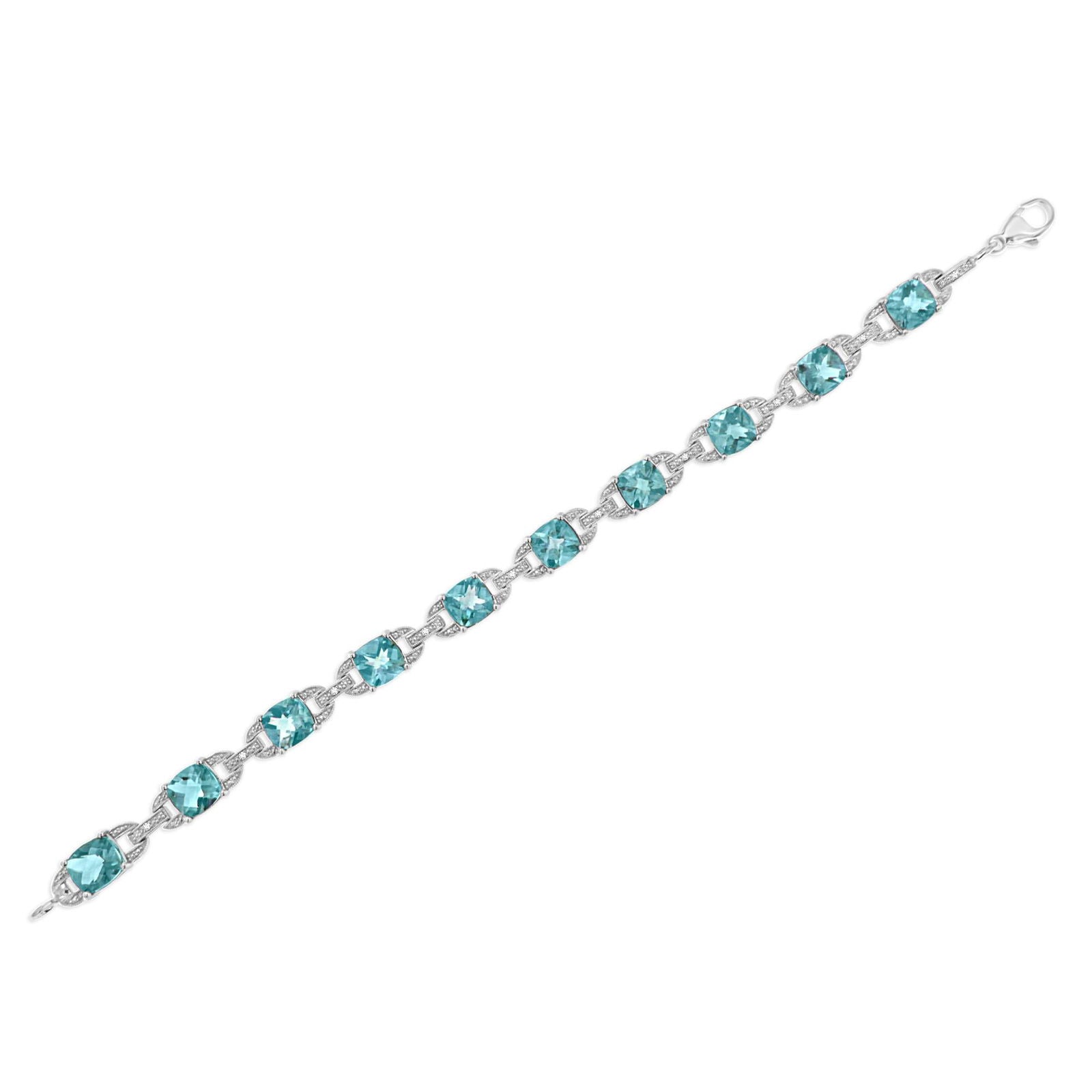 925 Sterling Silver Cushion Cut Blue Topaz & Round Cut Diamond Tennis Bracelet - Lovez Aqua© - 