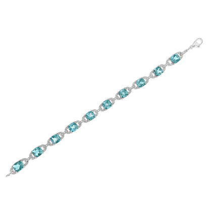925 Sterling Silver Cushion Cut Blue Topaz & Round Cut Diamond Tennis Bracelet - Lovez Aqua© - 