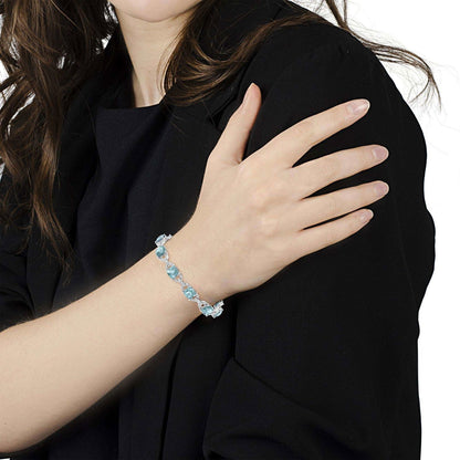 925 Sterling Silver Cushion Cut Blue Topaz & Round Cut Diamond Tennis Bracelet - Lovez Aqua© - 